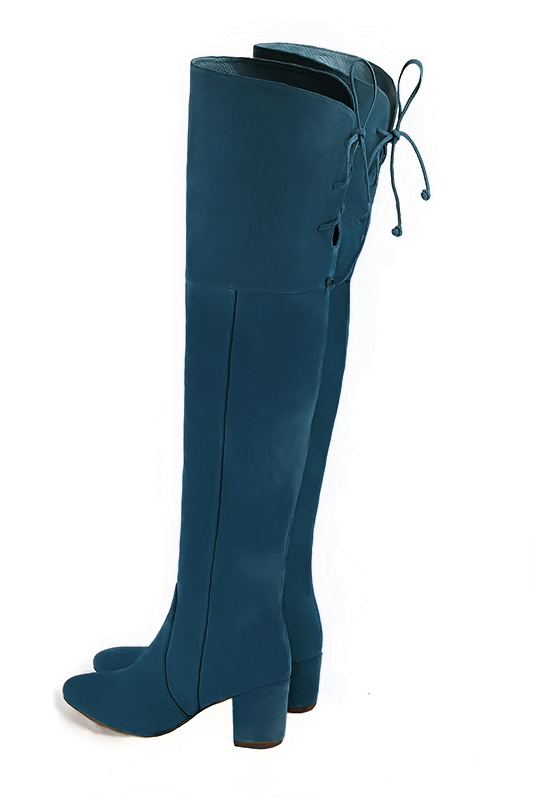 Peacock blue women's leather thigh-high boots. Round toe. Medium block heels. Made to measure. Rear view - Florence KOOIJMAN